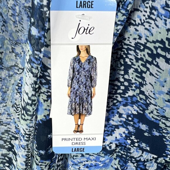 NWT Joie L Midi Dress Blue White Abstract Bohemian Balloon Sleeves Chiffon Flowy - Picture 9 of 16